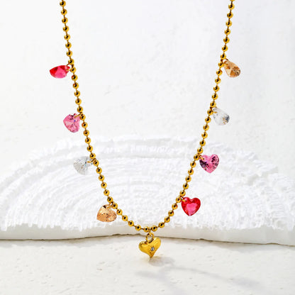Multi-Color Crystal Heart Station Necklace |  Adjustable 40+5cm | 18K Gold Plated Stainless Steel Jewelry | Wholesale Bulk Order MOQ 12