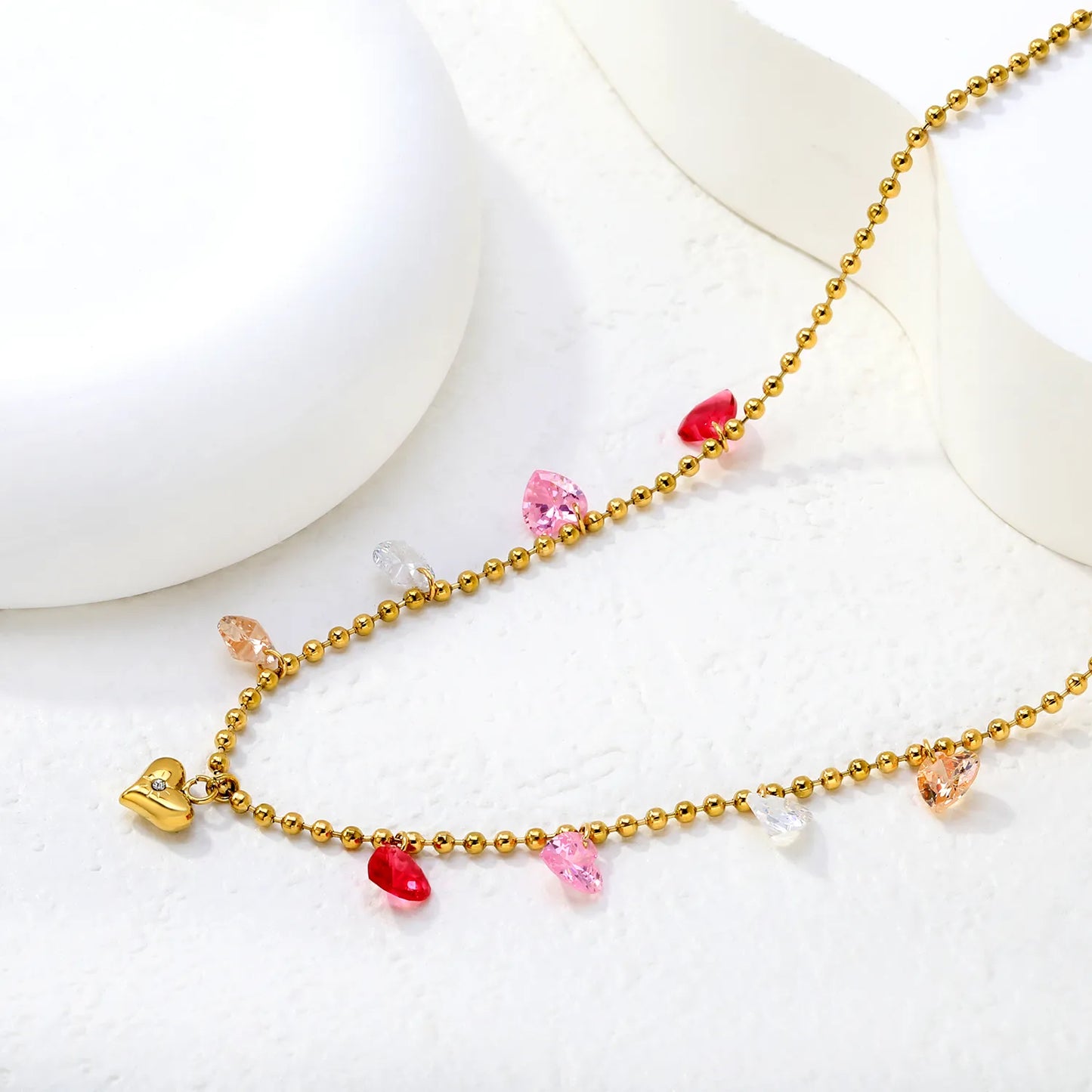 Multi-Color Crystal Heart Station Necklace |  Adjustable 40+5cm | 18K Gold Plated Stainless Steel Jewelry | Wholesale Bulk Order MOQ 12