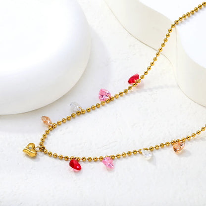 Multi-Color Crystal Heart Station Necklace |  Adjustable 40+5cm | 18K Gold Plated Stainless Steel Jewelry | Wholesale Bulk Order MOQ 12