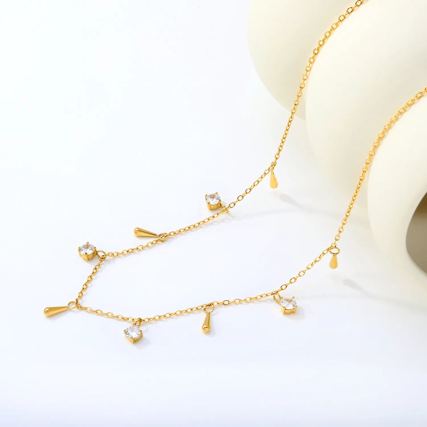 eardrop & CZ Charm Station Necklace| Adjustable 40+5cm | Gold & Silver Color Options | 18K Plated Stainless Steel | Wholesale Bulk Order MOQ 12