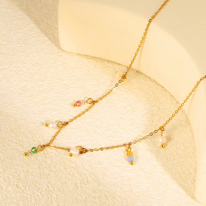 Pastel Acrylic Bead & Pearl Droplet Station Necklace Adjustable 40+5cm | 18K Gold Plated Stainless Steel | Lightweight Choker Style | Wholesale MOQ 12