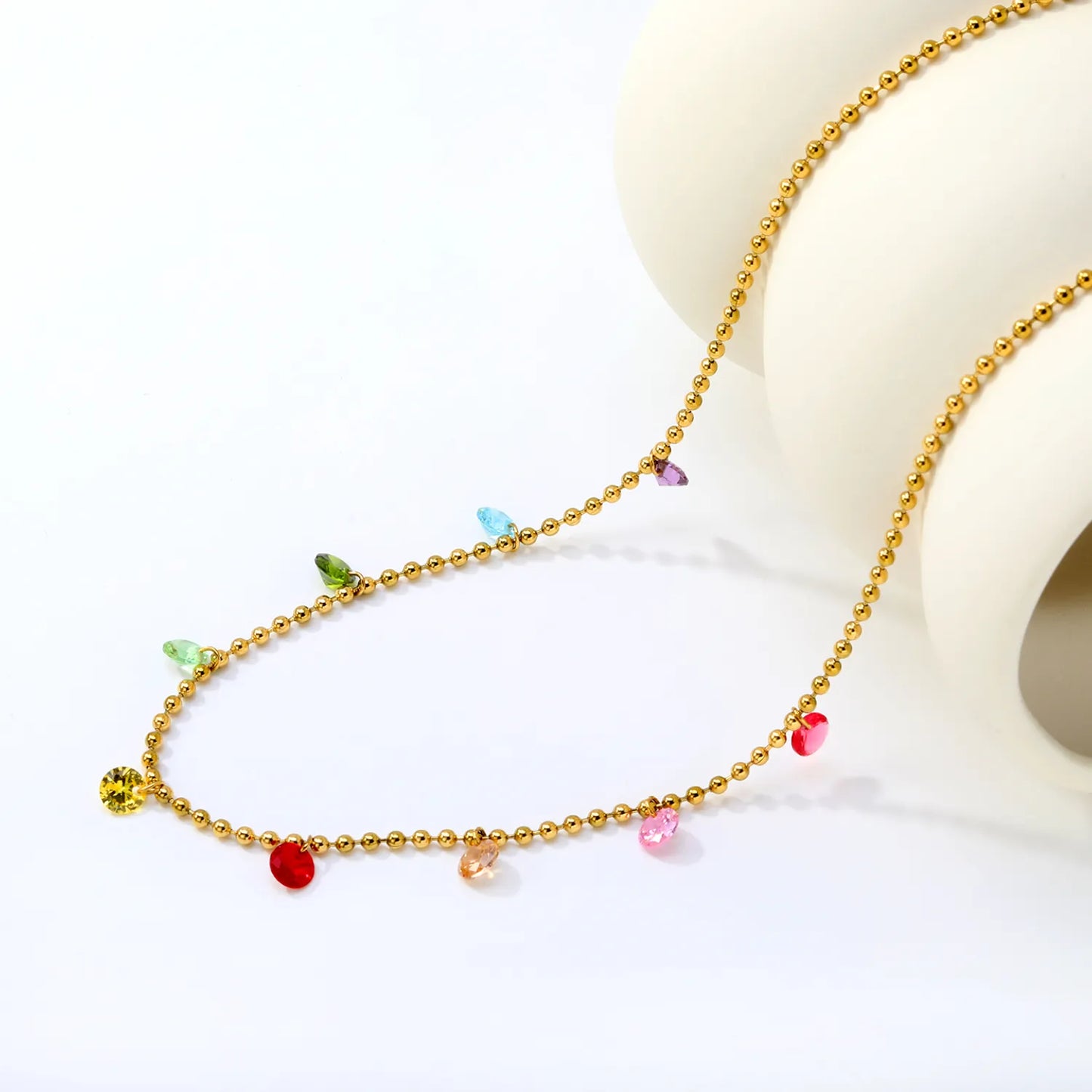 Multi-Color CZ Teardrop Beaded Station Necklace| Order MOQ 12 | Adjustable 40+5cm | 18K Gold Plated Stainless Steel