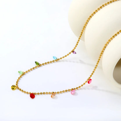 Multi-Color CZ Teardrop Beaded Station Necklace| Order MOQ 12 | Adjustable 40+5cm | 18K Gold Plated Stainless Steel