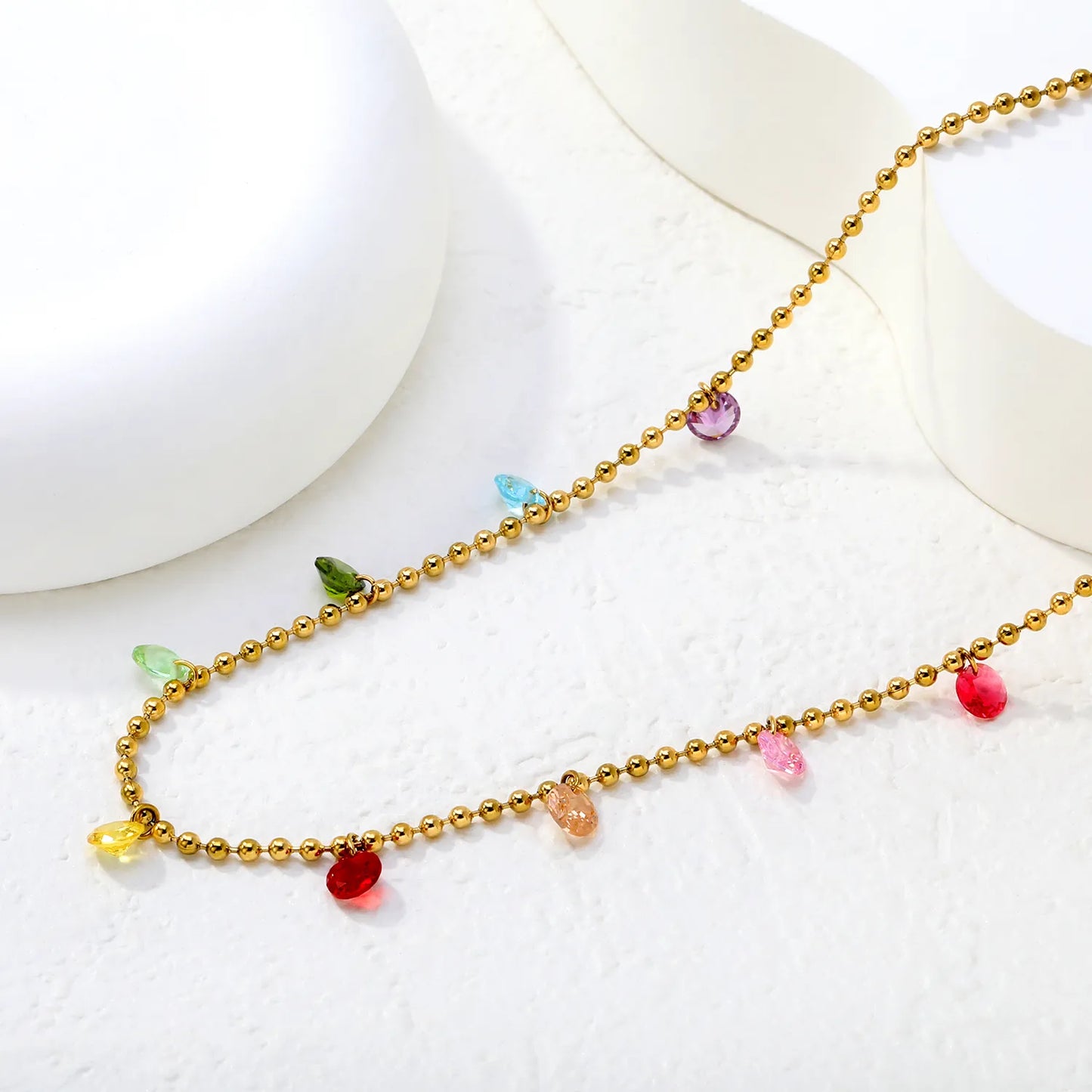 Multi-Color CZ Teardrop Beaded Station Necklace| Order MOQ 12 | Adjustable 40+5cm | 18K Gold Plated Stainless Steel