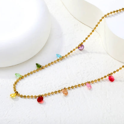 Multi-Color CZ Teardrop Beaded Station Necklace| Order MOQ 12 | Adjustable 40+5cm | 18K Gold Plated Stainless Steel