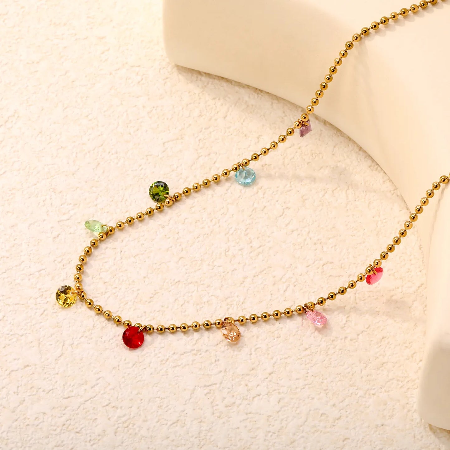 Multi-Color CZ Teardrop Beaded Station Necklace| Order MOQ 12 | Adjustable 40+5cm | 18K Gold Plated Stainless Steel