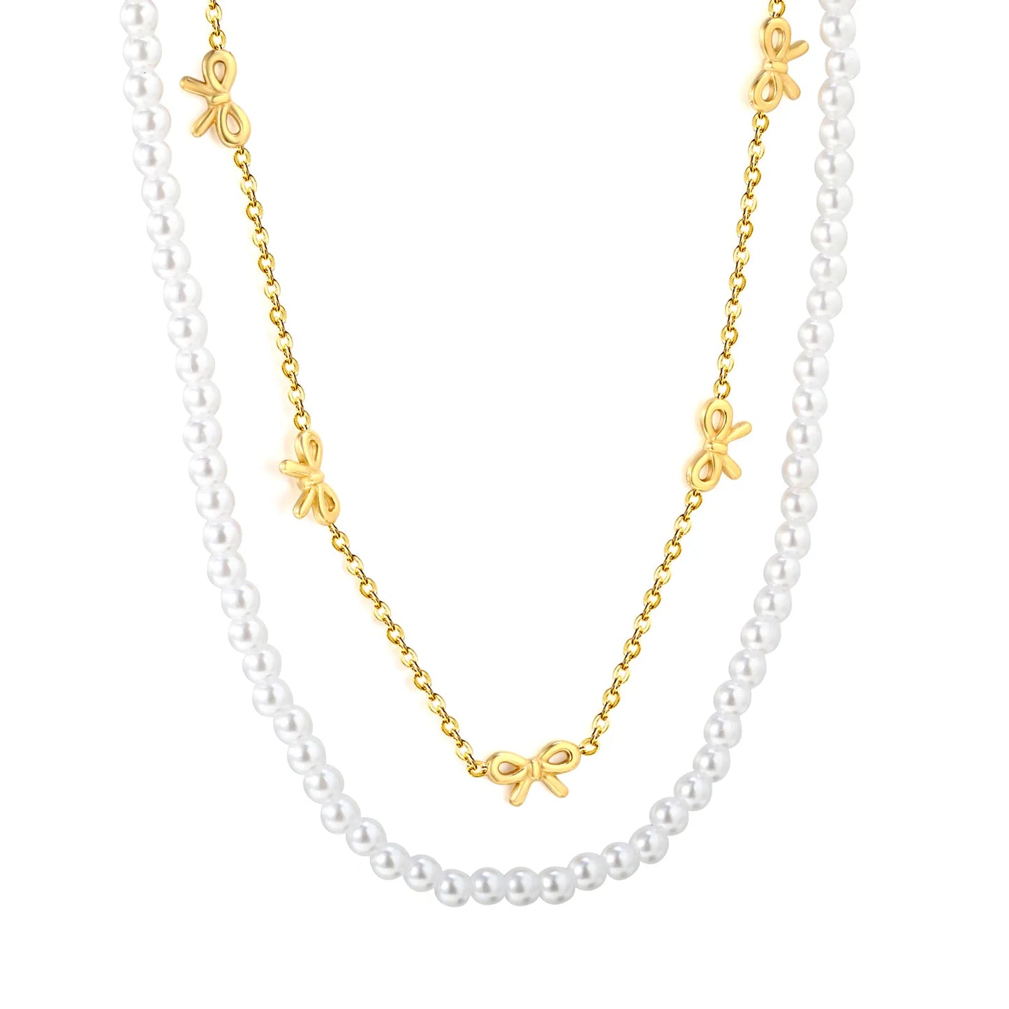 Pearl & Bow Station Double-Layer Necklace | Adjustable 45+5cm | Bulk Order MOQ 12