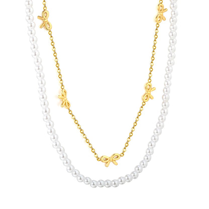 Pearl & Bow Station Double-Layer Necklace | Adjustable 45+5cm | Bulk Order MOQ 12