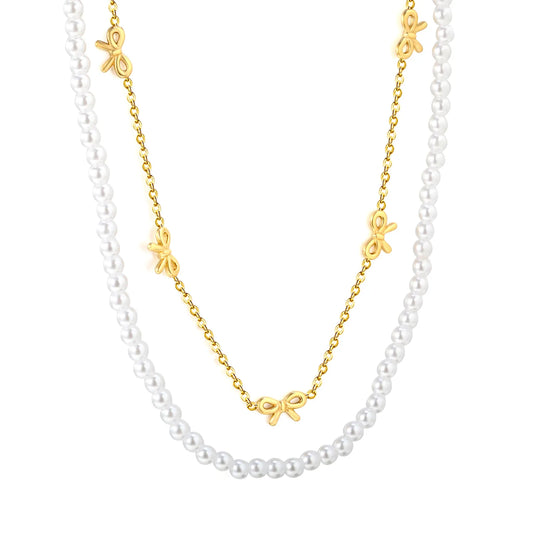 Pearl & Bow Station Double-Layer Necklace | Adjustable 45+5cm | Bulk Order MOQ 12