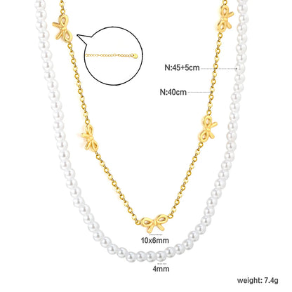 Pearl & Bow Station Double-Layer Necklace | Adjustable 45+5cm | Bulk Order MOQ 12