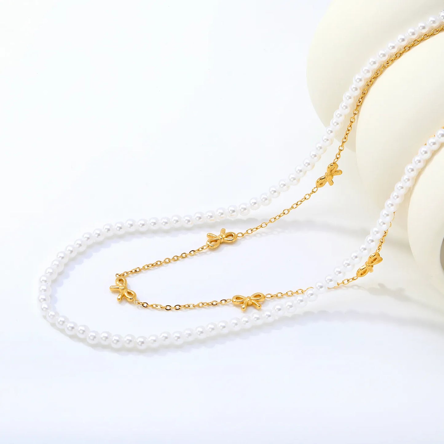 Pearl & Bow Station Double-Layer Necklace | Adjustable 45+5cm | Bulk Order MOQ 12