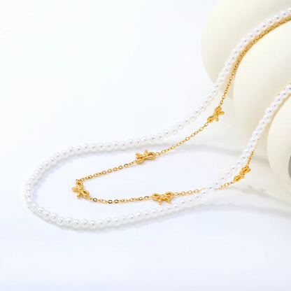 Pearl & Bow Station Double-Layer Necklace | Adjustable 45+5cm | Bulk Order MOQ 12
