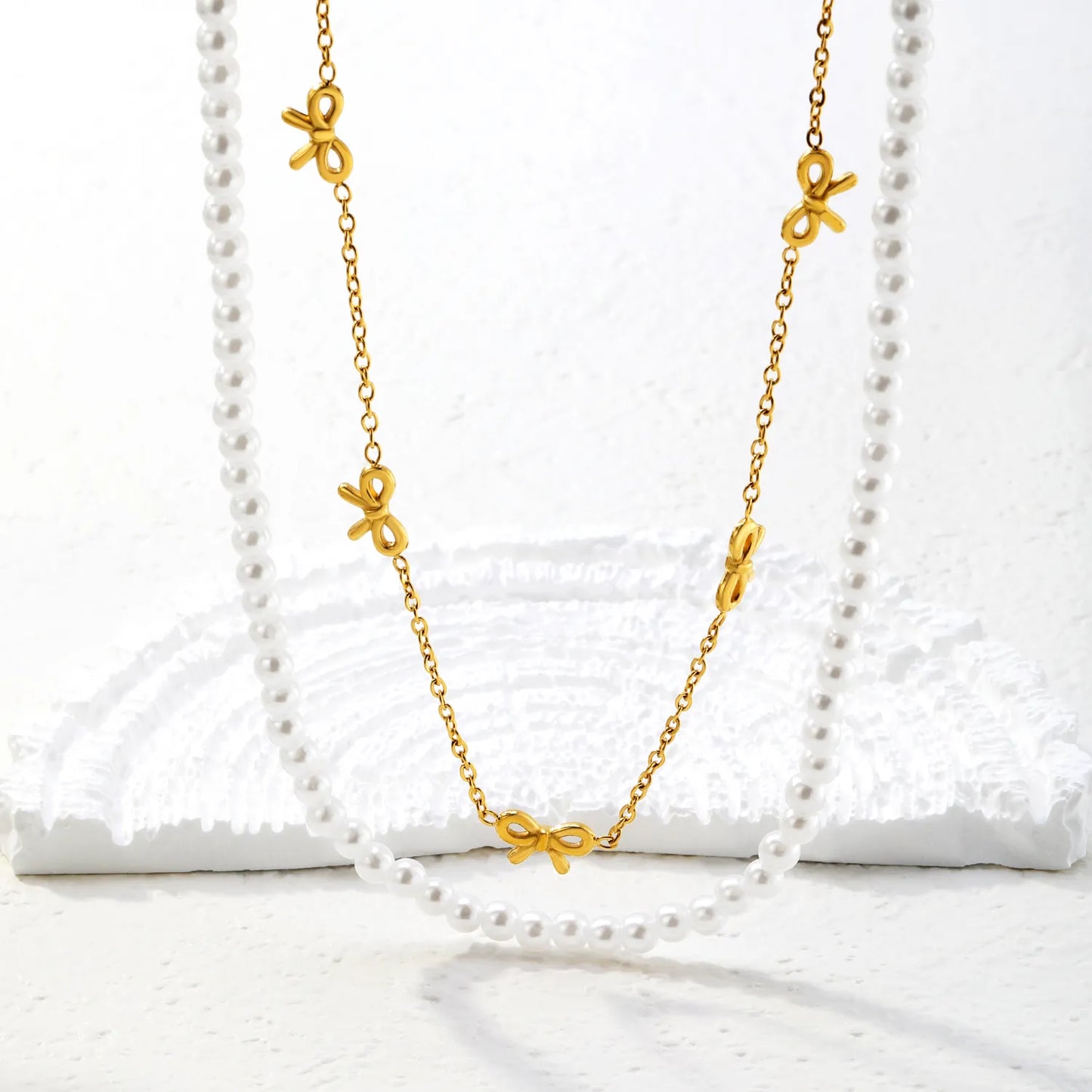 Pearl & Bow Station Double-Layer Necklace | Adjustable 45+5cm | Bulk Order MOQ 12