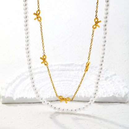Pearl & Bow Station Double-Layer Necklace | Adjustable 45+5cm | Bulk Order MOQ 12