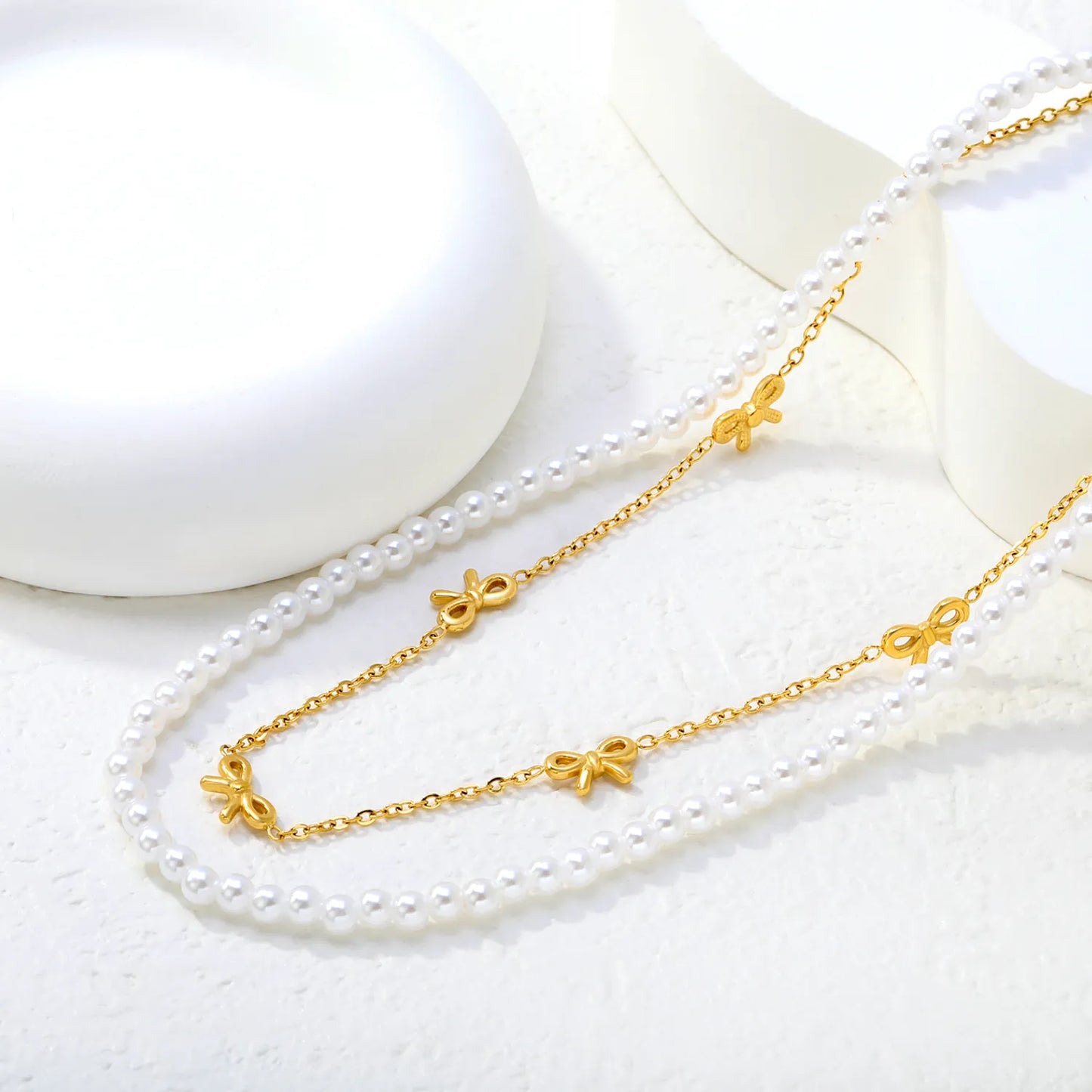 Pearl & Bow Station Double-Layer Necklace | Adjustable 45+5cm | Bulk Order MOQ 12
