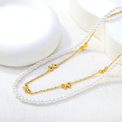 Pearl & Bow Station Double-Layer Necklace | Adjustable 45+5cm | Bulk Order MOQ 12