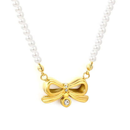 18K Gold Plated Bow Pendant Pearl Necklace | Adjustable 45+5cm | Wholesale Bulk Order MOQ 12