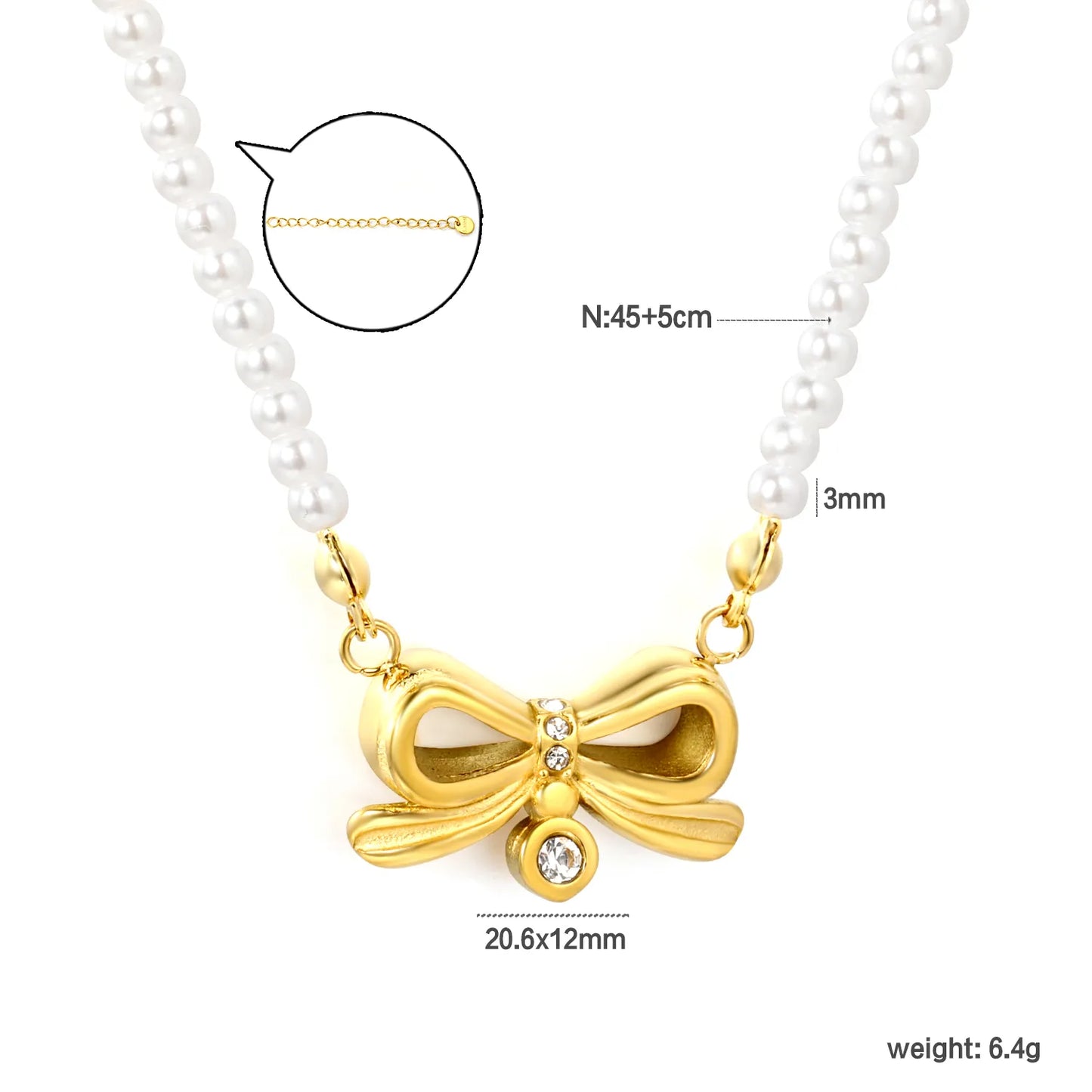 18K Gold Plated Bow Pendant Pearl Necklace | Adjustable 45+5cm | Wholesale Bulk Order MOQ 12