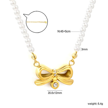 18K Gold Plated Bow Pendant Pearl Necklace | Adjustable 45+5cm | Wholesale Bulk Order MOQ 12