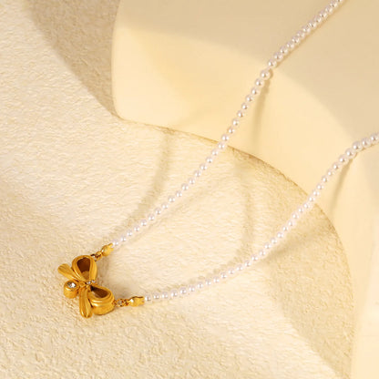 18K Gold Plated Bow Pendant Pearl Necklace | Adjustable 45+5cm | Wholesale Bulk Order MOQ 12
