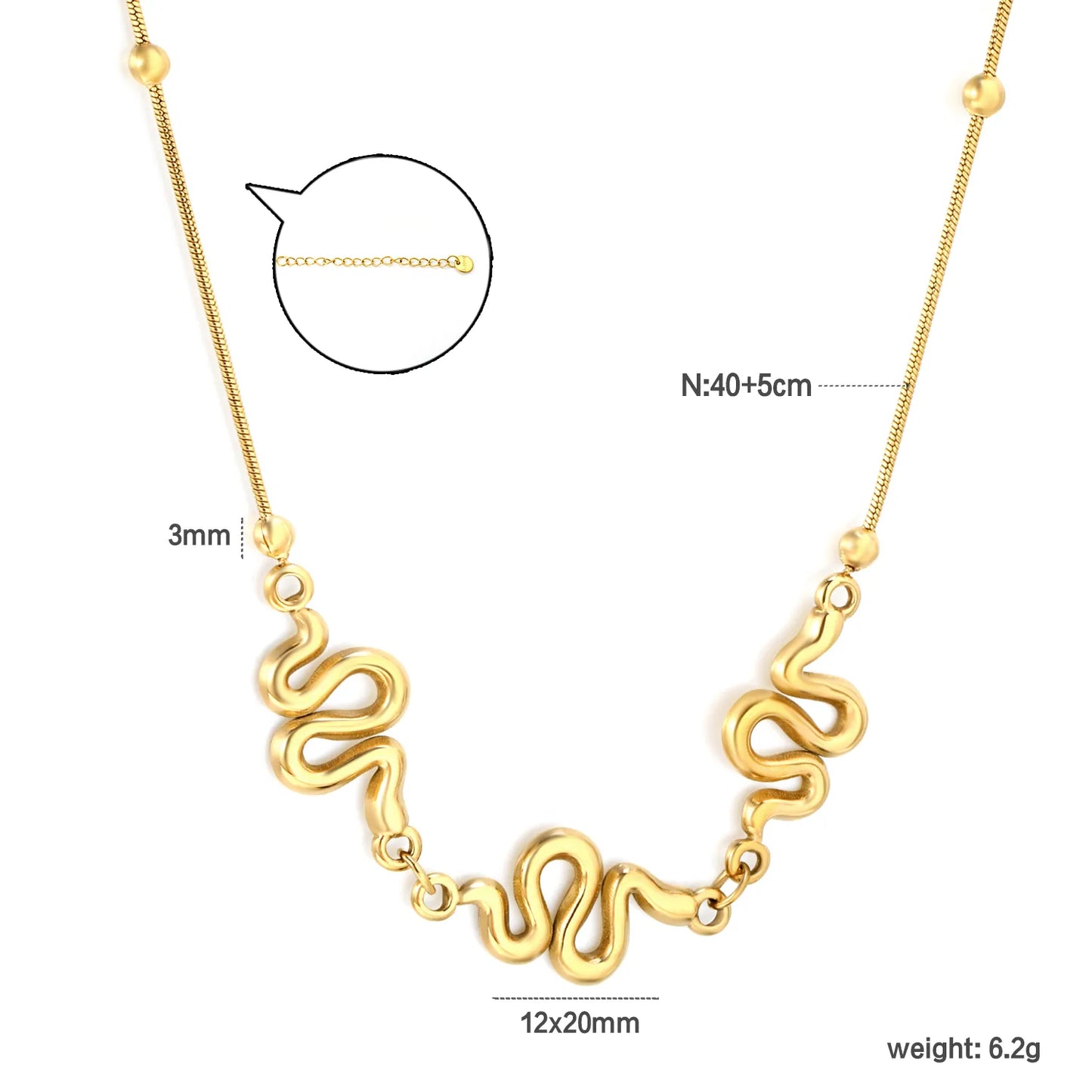 Adjustable Three-Piece Snake Pendant Necklace | 40+5cm Length | 18K Gold Plated | Bulk Order MOQ 12