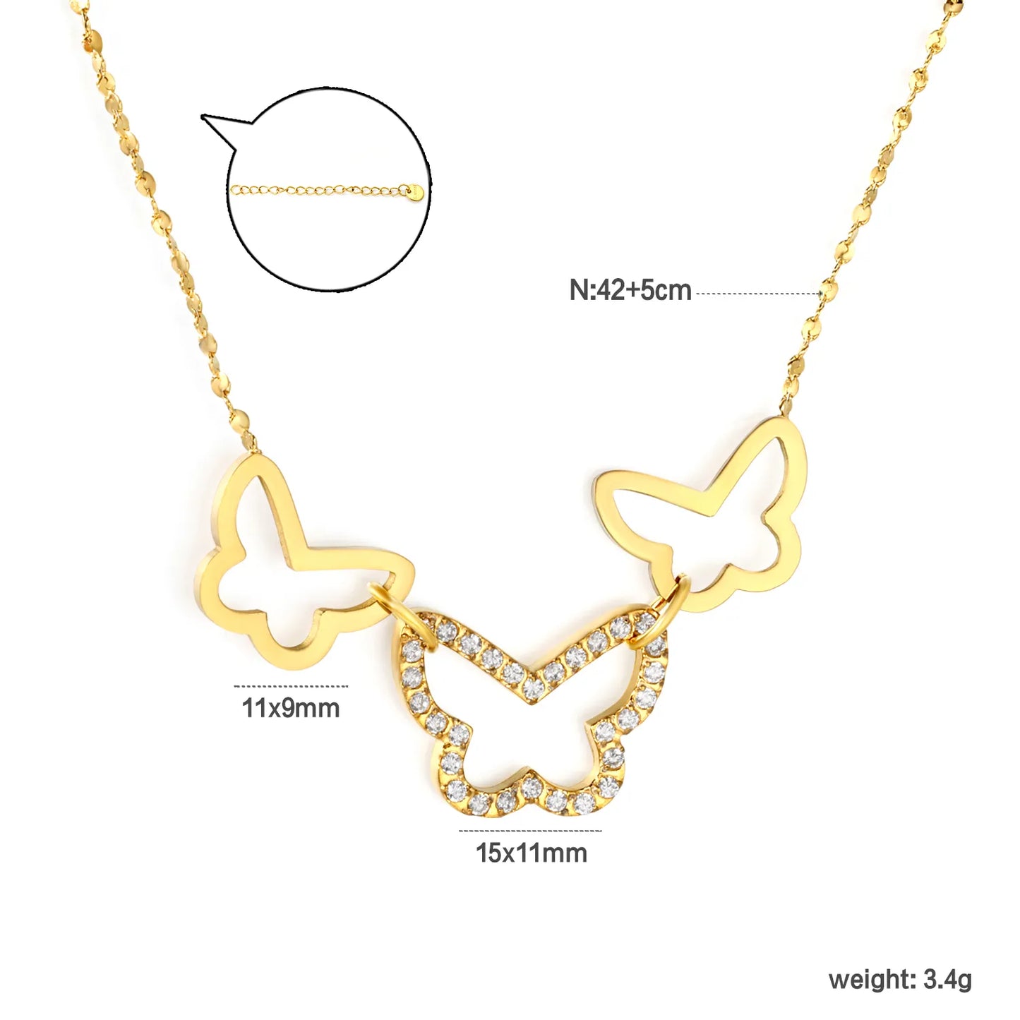 18K Gold Plated Triple Butterfly Pendants Necklace | Adjustable 42+5cm | Wholesale Bulk Order MOQ 12