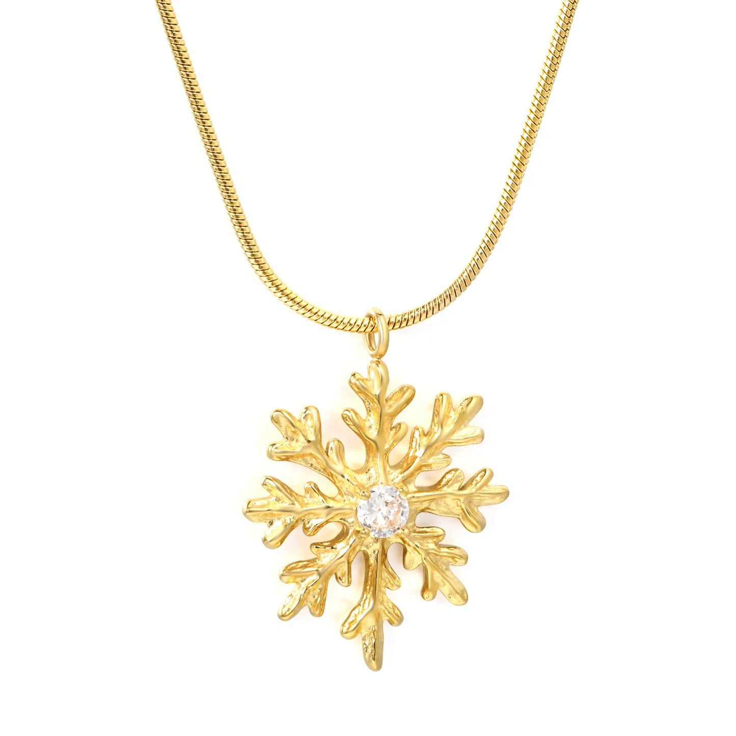 18K Gold Plated  CZ Snowflake Pendant Snake Chain Necklace | Adjustable 50+5cm | Wholesale Bulk Order MOQ 12