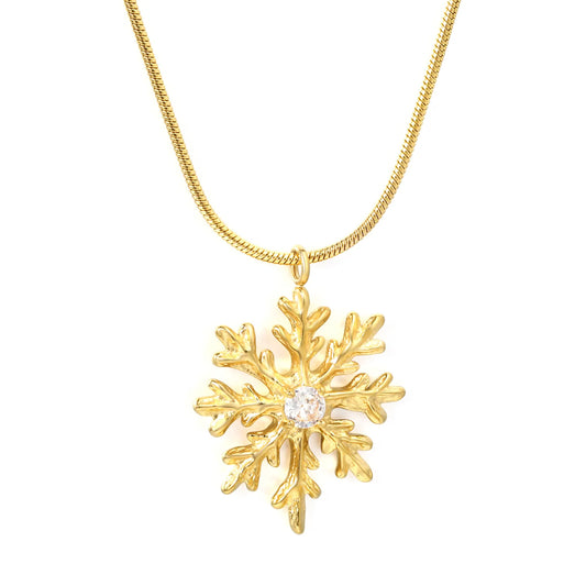 18K Gold Plated  CZ Snowflake Pendant Snake Chain Necklace | Adjustable 50+5cm | Wholesale Bulk Order MOQ 12