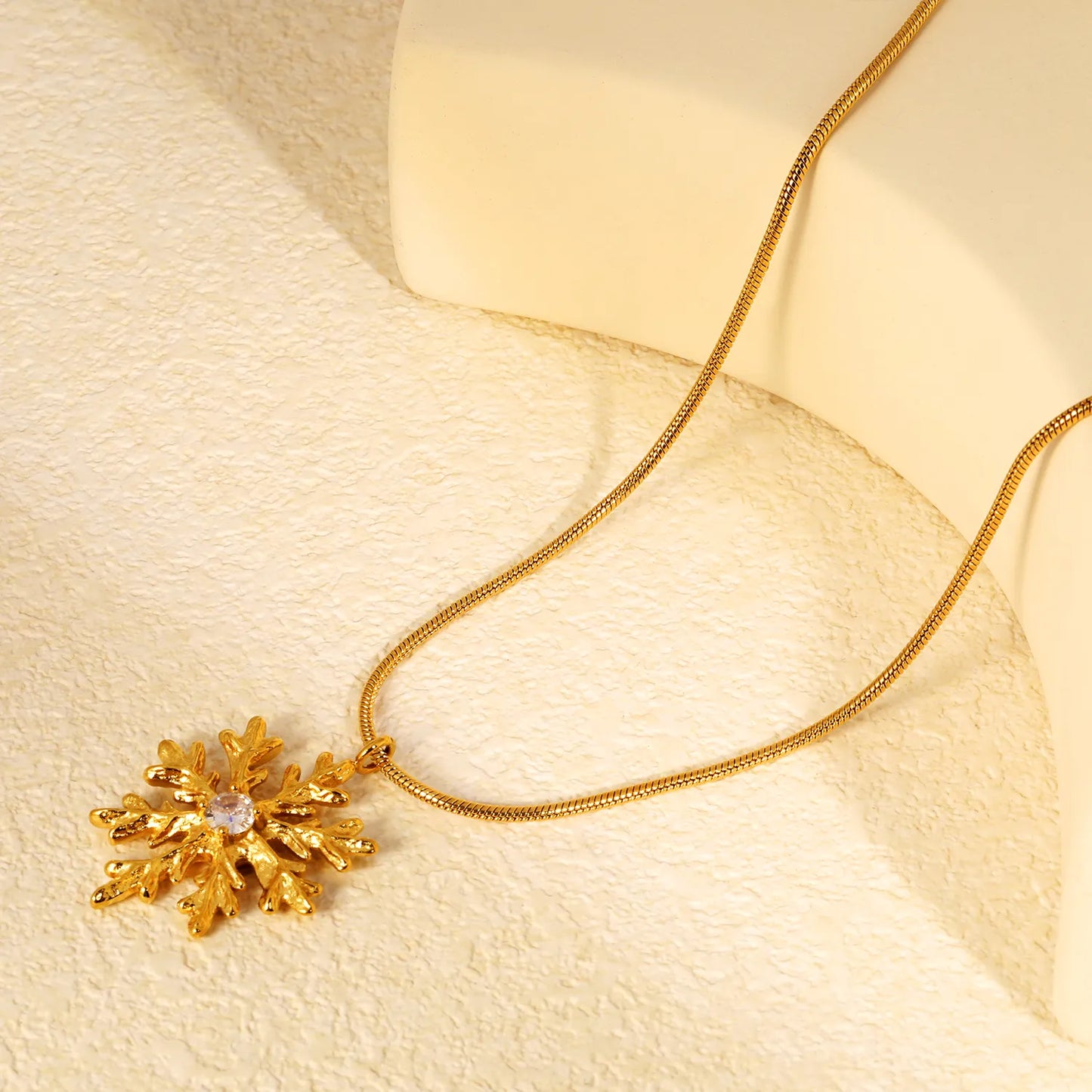 18K Gold Plated  CZ Snowflake Pendant Snake Chain Necklace | Adjustable 50+5cm | Wholesale Bulk Order MOQ 12