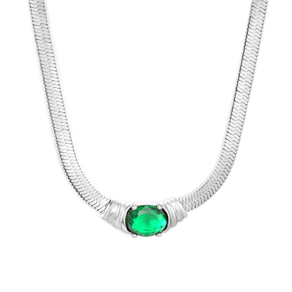 18K Plated Chain with Green CZ Herringbone Necklace | Adjustable 40+5cm | Gold & Silver Color | Wholesale Bulk Order MOQ 12