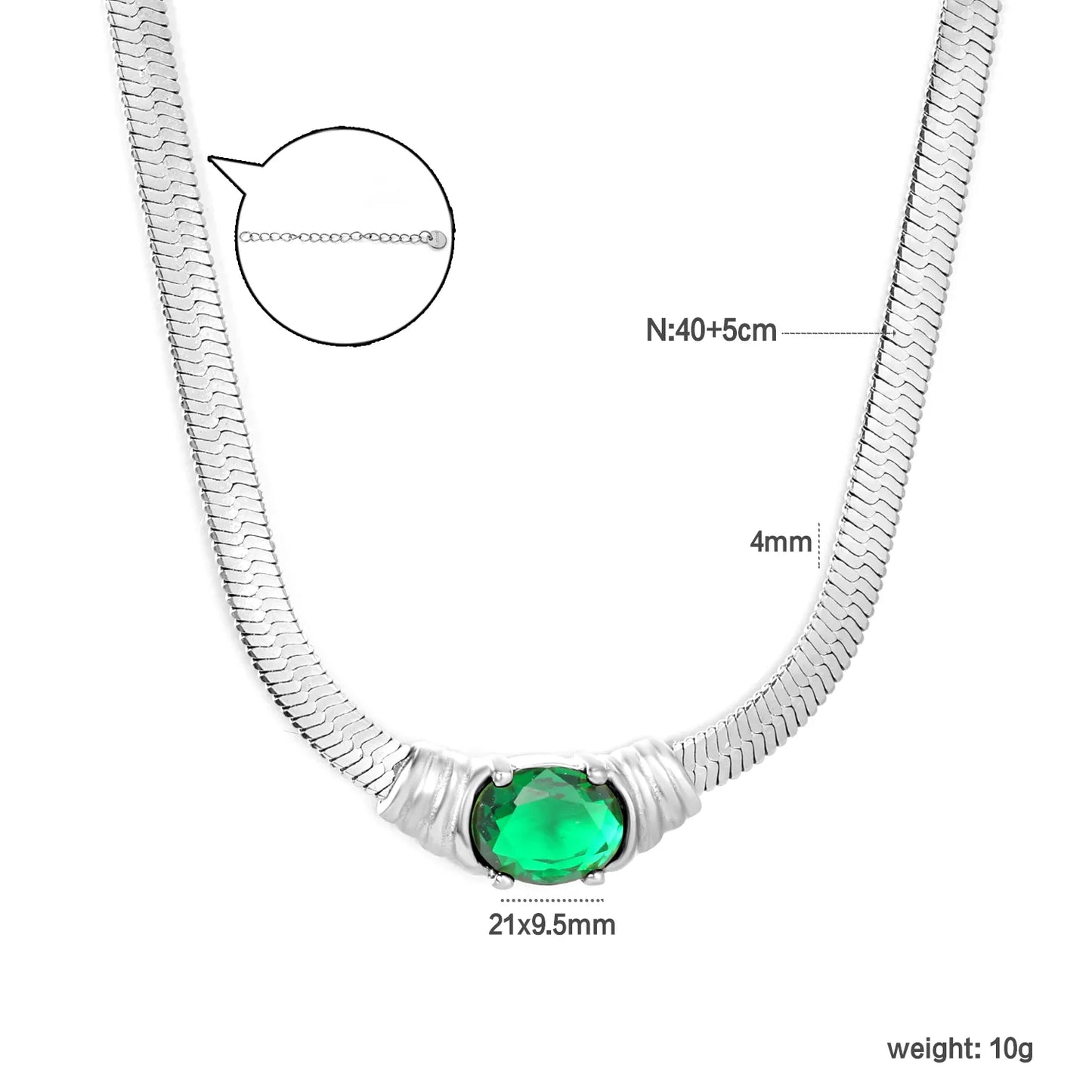 18K Plated Chain with Green CZ Herringbone Necklace | Adjustable 40+5cm | Gold & Silver Color | Wholesale Bulk Order MOQ 12