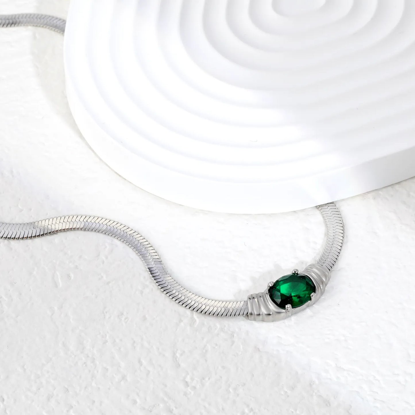 18K Plated Chain with Green CZ Herringbone Necklace | Adjustable 40+5cm | Gold & Silver Color | Wholesale Bulk Order MOQ 12