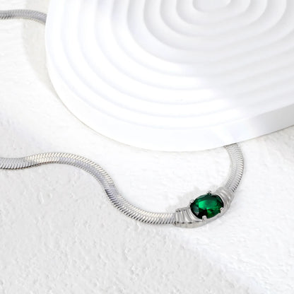 18K Plated Chain with Green CZ Herringbone Necklace | Adjustable 40+5cm | Gold & Silver Color | Wholesale Bulk Order MOQ 12