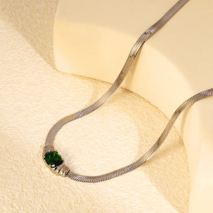 18K Plated Chain with Green CZ Herringbone Necklace | Adjustable 40+5cm | Gold & Silver Color | Wholesale Bulk Order MOQ 12