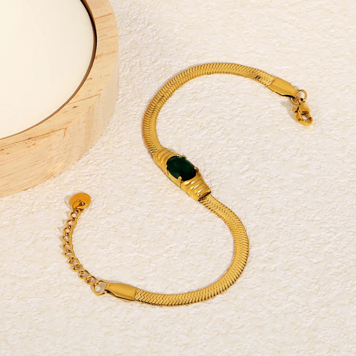 Green CZ Herringbone Bracelet Adjustable 17+3cm | Gold / Silver Color Options | Wholesale Bulk Order MOQ 12