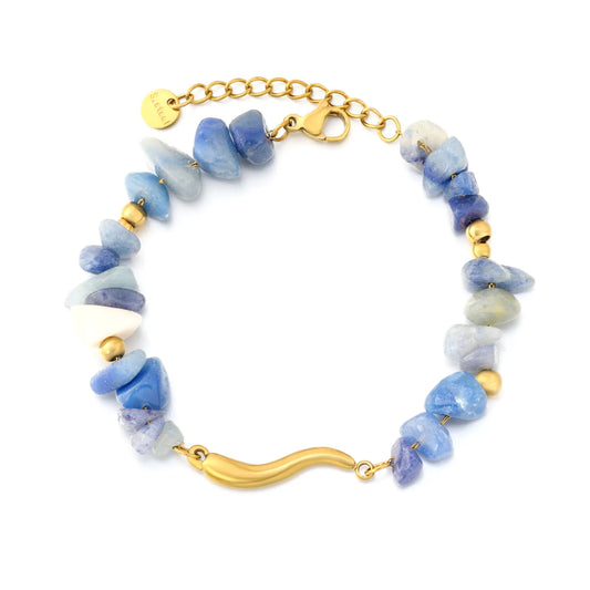 Adjustable Blue Natural Stone Beaded Bracelet | 17+3cm | 18K Gold Plated Stainless Steel | Wholesale Bulk Order MOQ 12