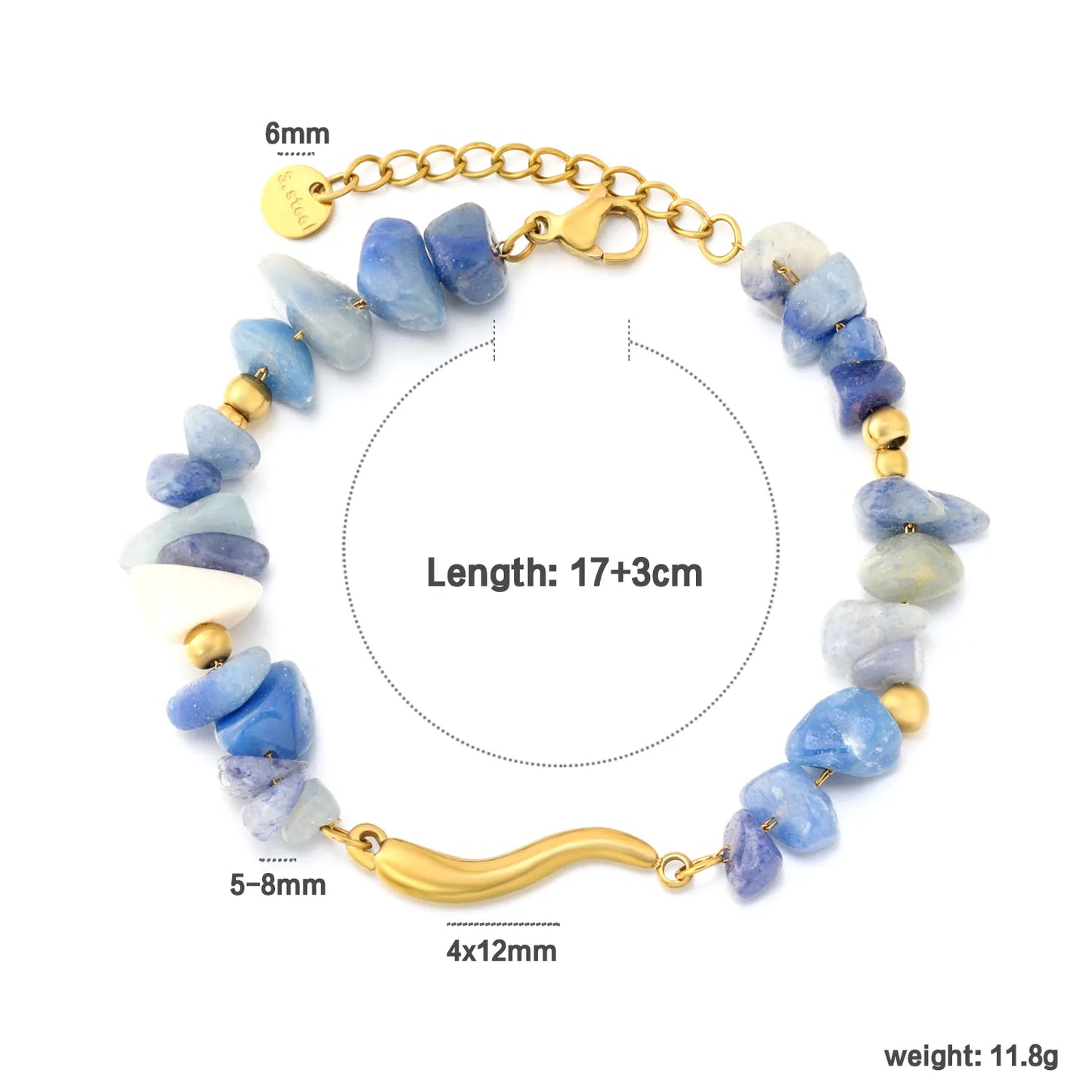 Adjustable Blue Natural Stone Beaded Bracelet | 17+3cm | 18K Gold Plated Stainless Steel | Wholesale Bulk Order MOQ 12