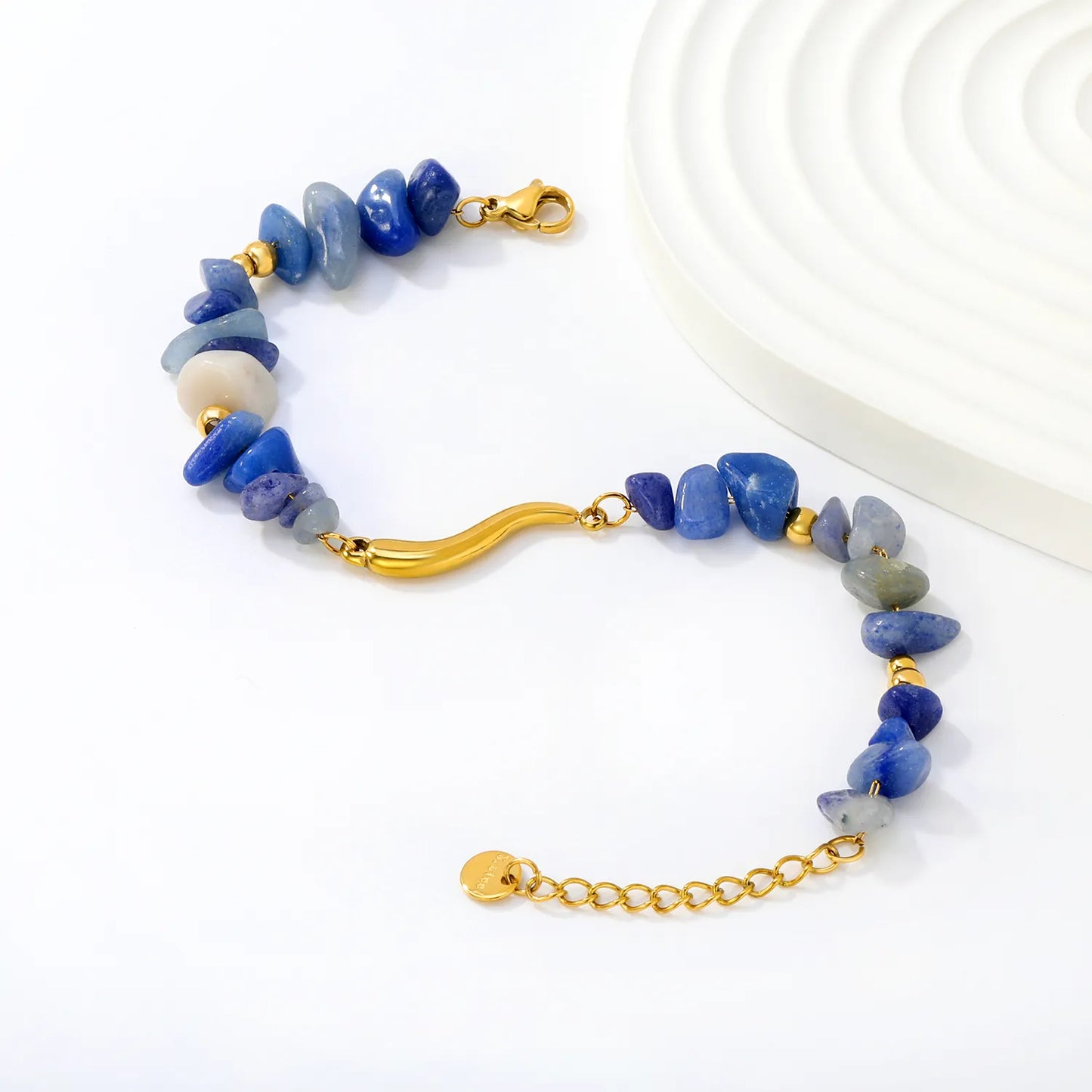 Adjustable Blue Natural Stone Beaded Bracelet | 17+3cm | 18K Gold Plated Stainless Steel | Wholesale Bulk Order MOQ 12