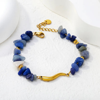 Adjustable Blue Natural Stone Beaded Bracelet | 17+3cm | 18K Gold Plated Stainless Steel | Wholesale Bulk Order MOQ 12