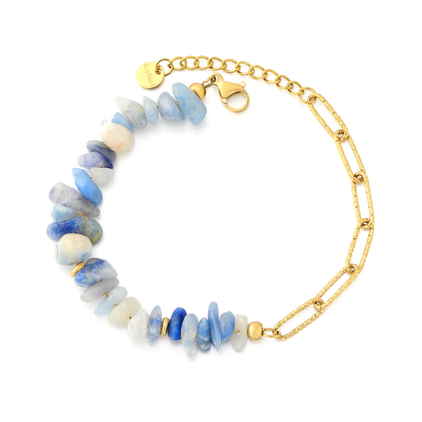 Half Blue Natural Stone Half Paperclip Chain Bracelet | 18K Gold Plated Stainless Steel | Wholesale Bulk Order MOQ 12