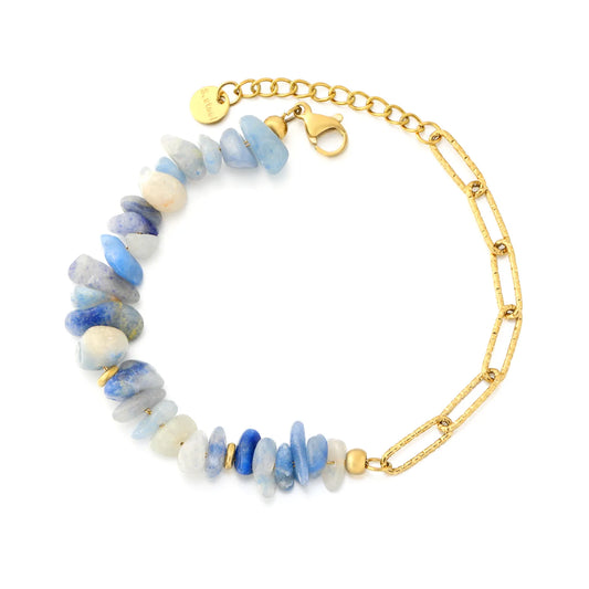 Half Blue Natural Stone Half Paperclip Chain Bracelet | 18K Gold Plated Stainless Steel | Wholesale Bulk Order MOQ 12