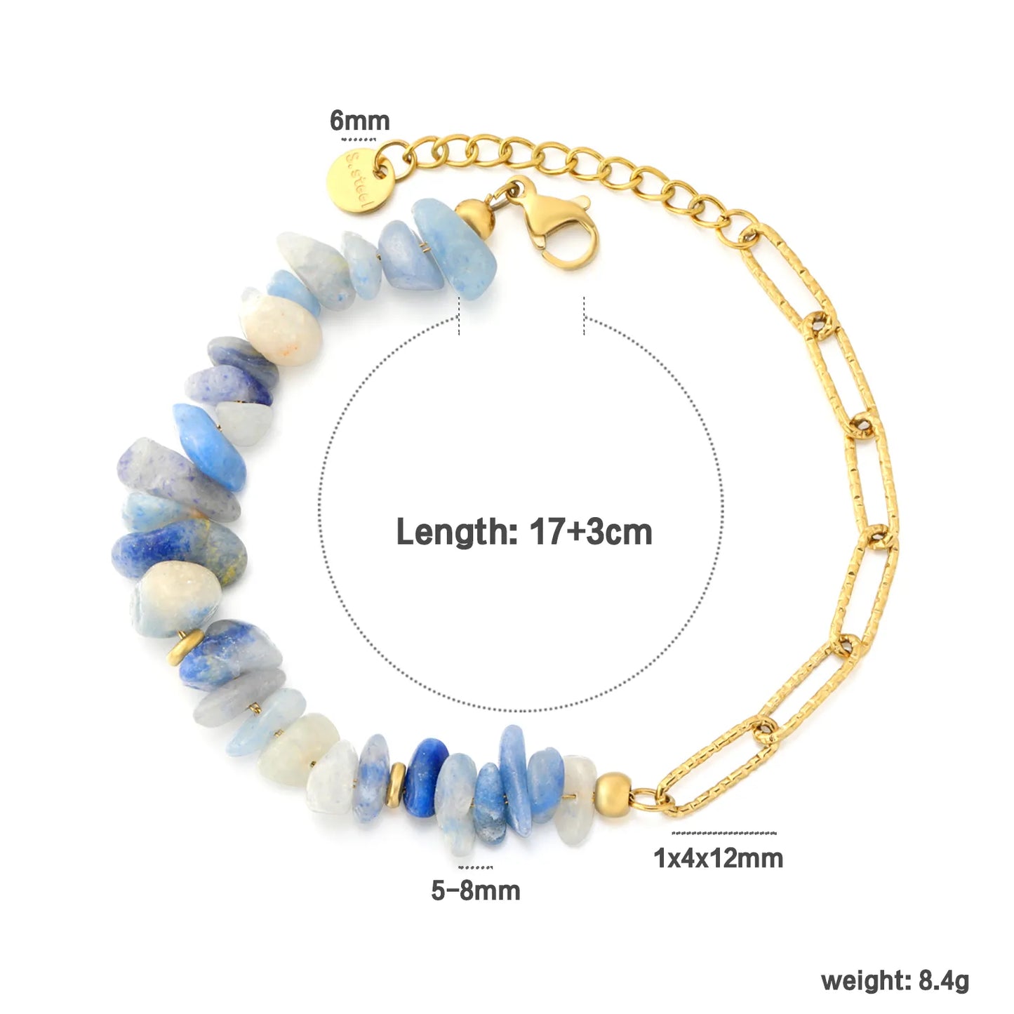 Half Blue Natural Stone Half Paperclip Chain Bracelet | 18K Gold Plated Stainless Steel | Wholesale Bulk Order MOQ 12