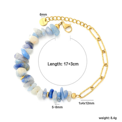 Half Blue Natural Stone Half Paperclip Chain Bracelet | 18K Gold Plated Stainless Steel | Wholesale Bulk Order MOQ 12