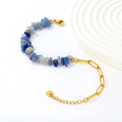 Half Blue Natural Stone Half Paperclip Chain Bracelet | 18K Gold Plated Stainless Steel | Wholesale Bulk Order MOQ 12