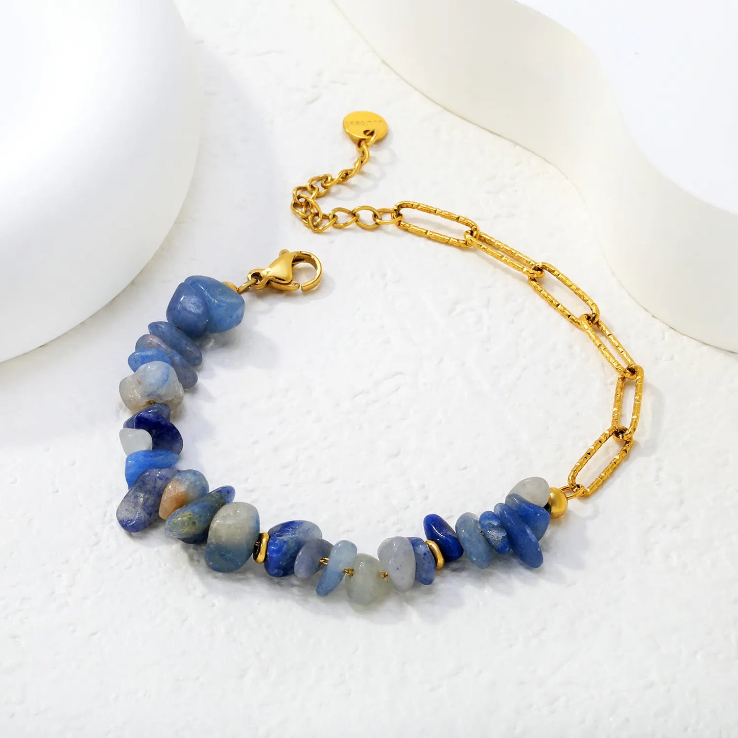 Half Blue Natural Stone Half Paperclip Chain Bracelet | 18K Gold Plated Stainless Steel | Wholesale Bulk Order MOQ 12