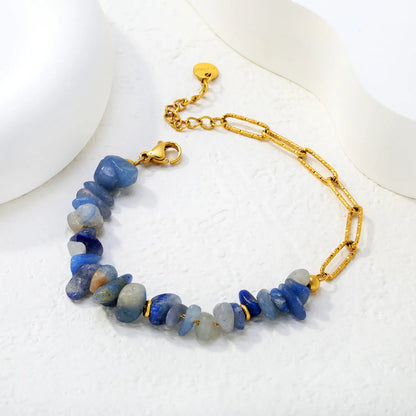Half Blue Natural Stone Half Paperclip Chain Bracelet | 18K Gold Plated Stainless Steel | Wholesale Bulk Order MOQ 12