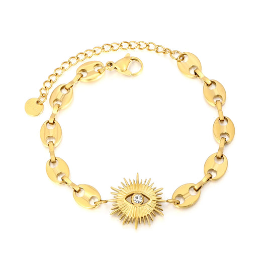 18K Gold Plated Evil Eye Sunburst Mariner Chain Bracelet | Adjustable 17+5cm | Wholesale Bulk Order MOQ 12
