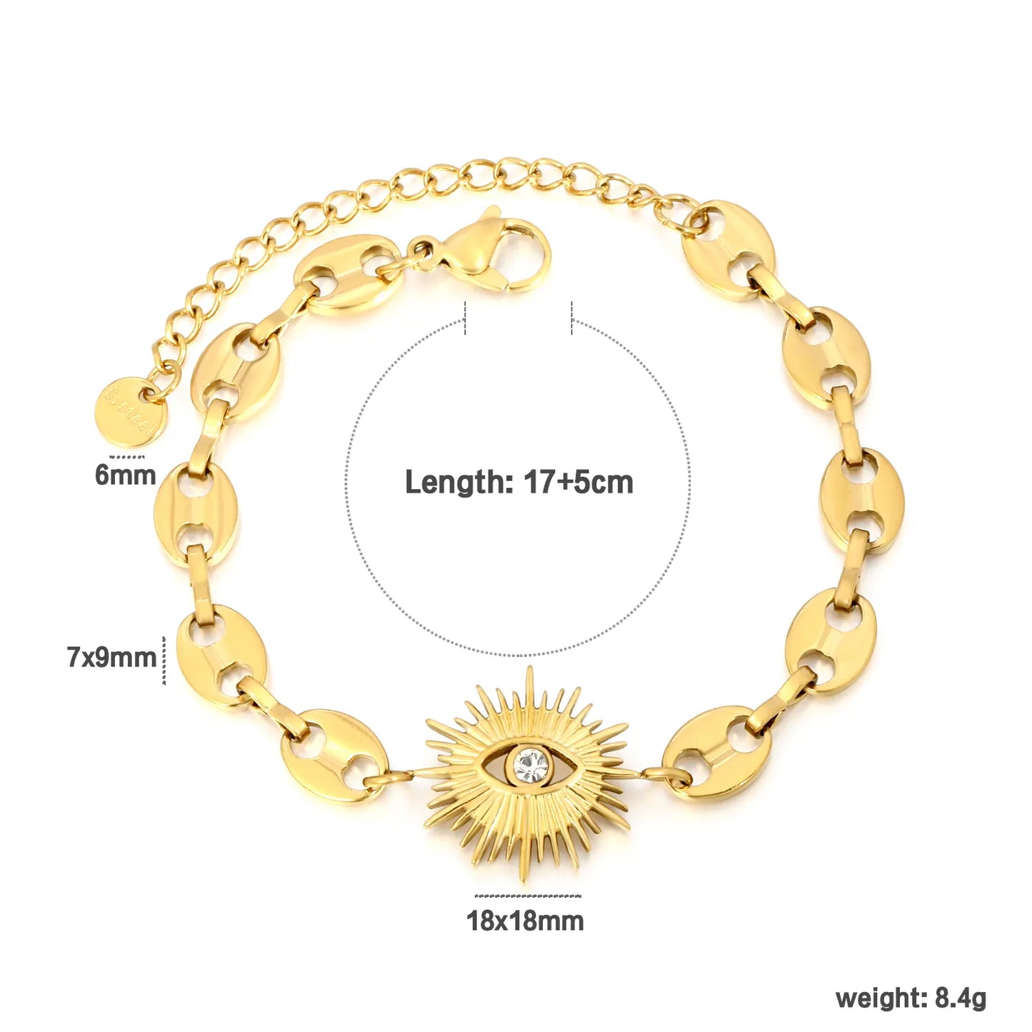 18K Gold Plated Evil Eye Sunburst Mariner Chain Bracelet | Adjustable 17+5cm | Wholesale Bulk Order MOQ 12