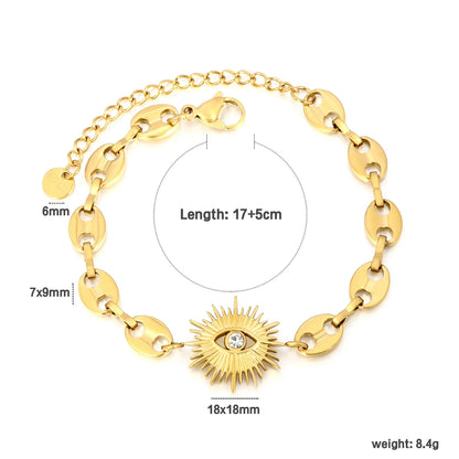 18K Gold Plated Evil Eye Sunburst Mariner Chain Bracelet | Adjustable 17+5cm | Wholesale Bulk Order MOQ 12
