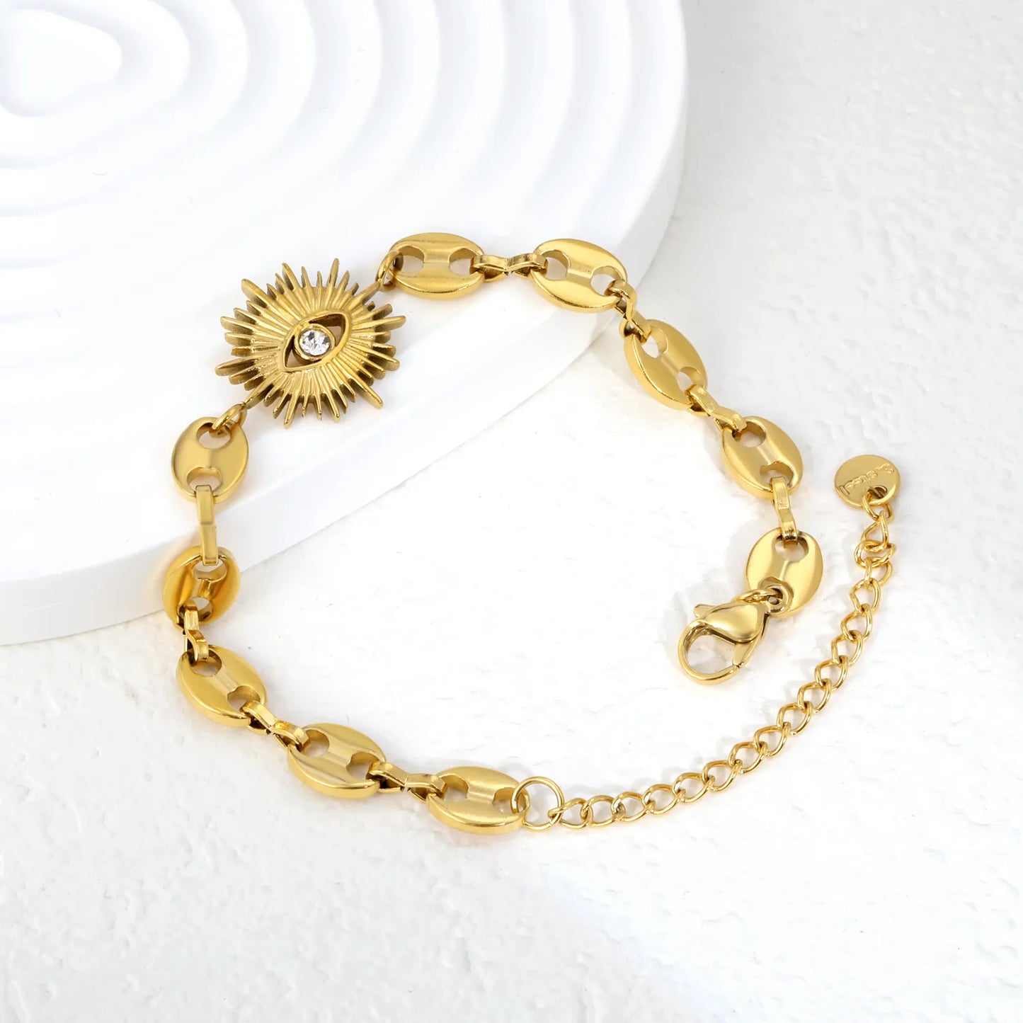 18K Gold Plated Evil Eye Sunburst Mariner Chain Bracelet | Adjustable 17+5cm | Wholesale Bulk Order MOQ 12